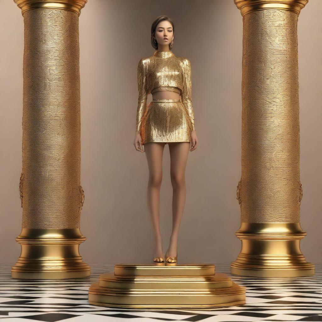 A woman wearing a golden mini skirt, standing gracefully on a pedestal