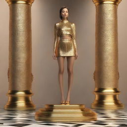 A woman wearing a golden mini skirt, standing gracefully on a pedestal