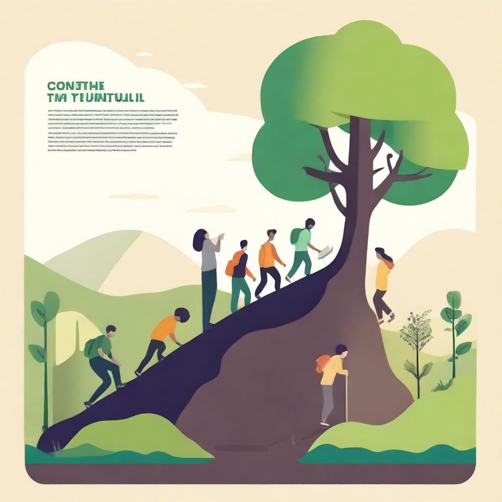 An inspiring scene depicting various ways to move forward in life, including a person climbing a mountain, another person reading a book, someone planting a tree, and a group of people working together on a project