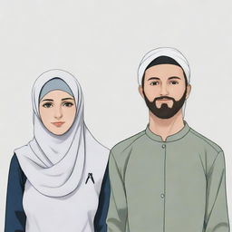 Anime-style depiction of a white woman in a hijab standing next to her husband. Both are wearing shirts with the letter 'A' prominently displayed on them