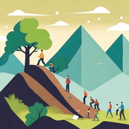 An inspiring scene depicting various ways to move forward in life, including a person climbing a mountain, another person reading a book, someone planting a tree, and a group of people working together on a project