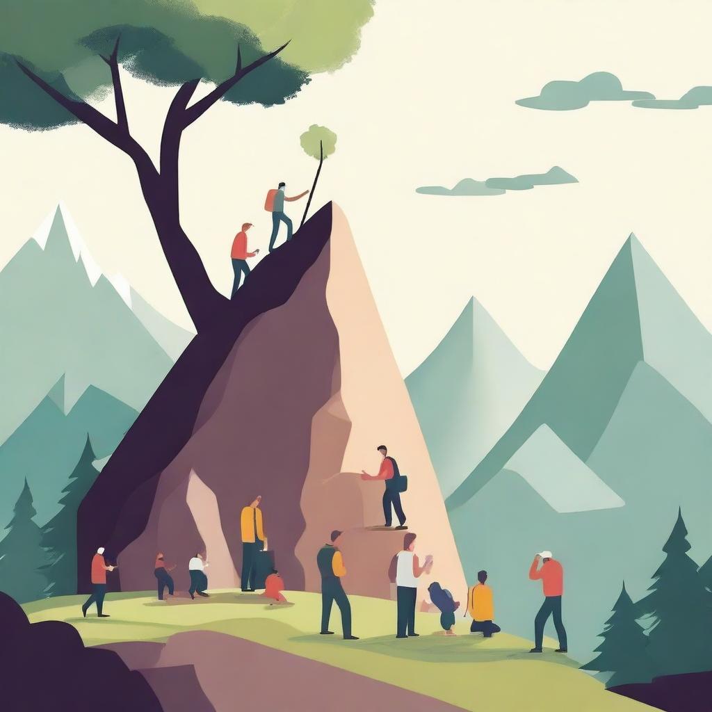 An inspiring scene depicting various ways to move forward in life, including a person climbing a mountain, another person reading a book, someone planting a tree, and a group of people working together on a project