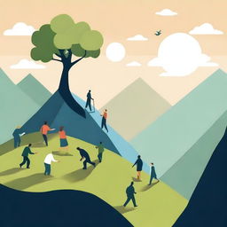 An inspiring scene depicting various ways to move forward in life, including a person climbing a mountain, another person reading a book, someone planting a tree, and a group of people working together on a project