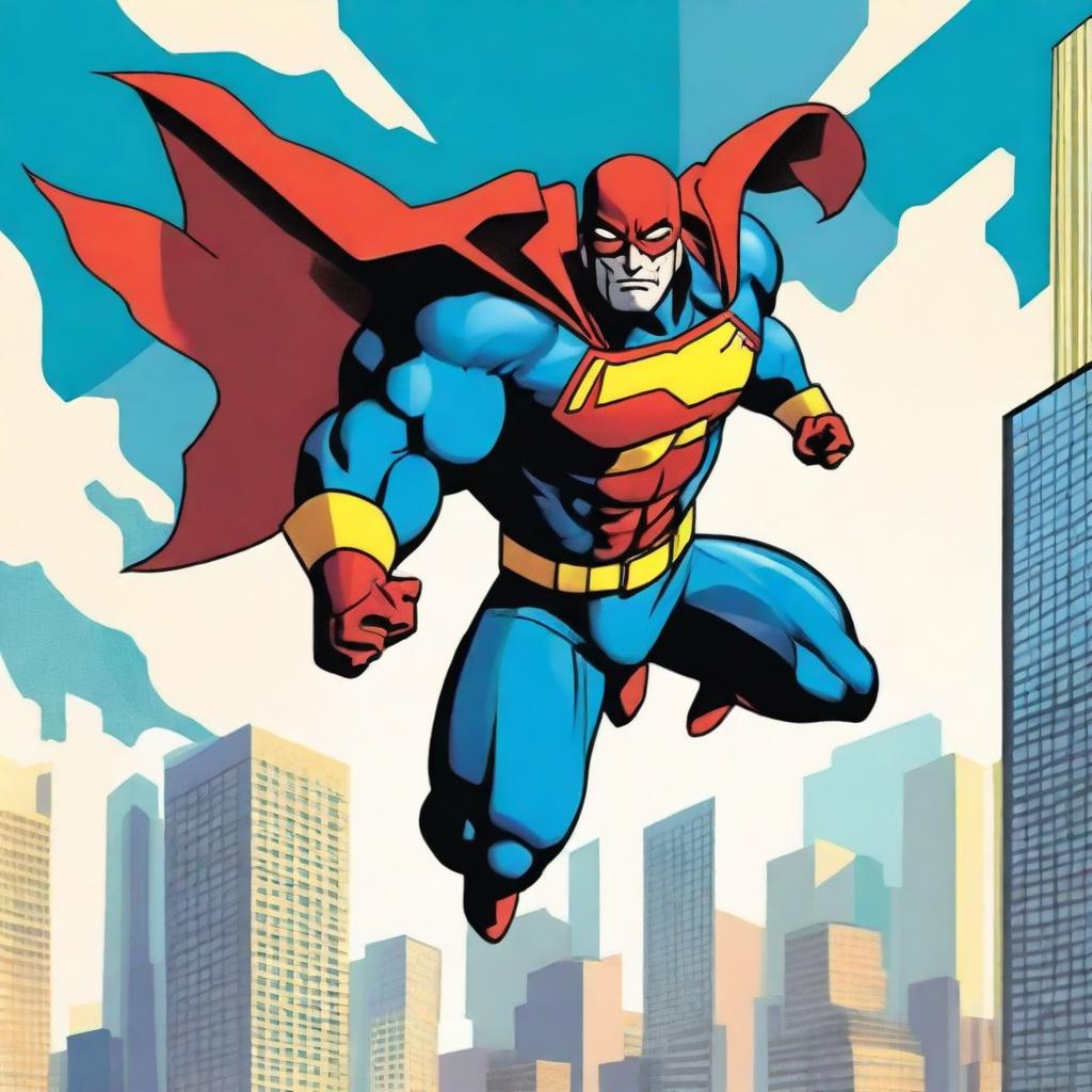 A dynamic superhero in action, flying through the sky with a cityscape in the background