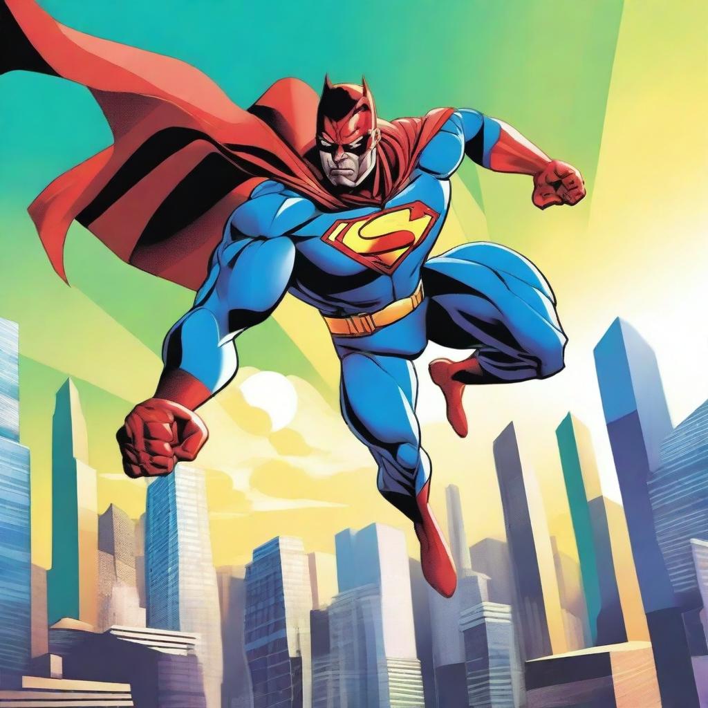 A dynamic superhero in action, flying through the sky with a cityscape in the background