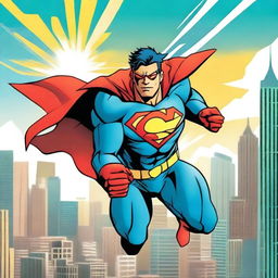 A dynamic superhero in action, flying through the sky with a cityscape in the background