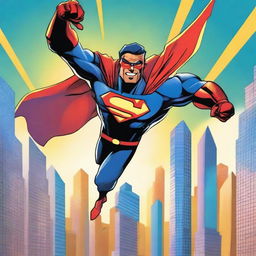 A dynamic superhero in action, flying through the sky with a cityscape in the background