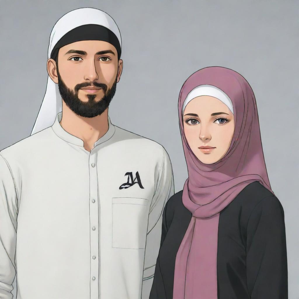 Anime-style depiction of a white woman in a hijab standing next to her husband. Both are wearing shirts with the letter 'A' prominently displayed on them