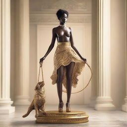 A woman wearing a golden mini skirt, standing gracefully on a pedestal, holding a leash attached to a man