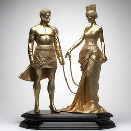 A woman wearing a golden mini skirt, standing gracefully on a pedestal, holding a leash attached to a man