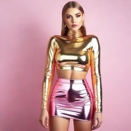 A woman wearing a golden mini skirt and a pink latex crop top