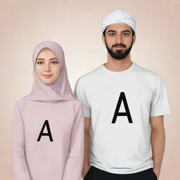 Anime-style depiction of a white woman in a hijab standing next to her husband. Both are wearing shirts with the letter 'A' prominently displayed on them