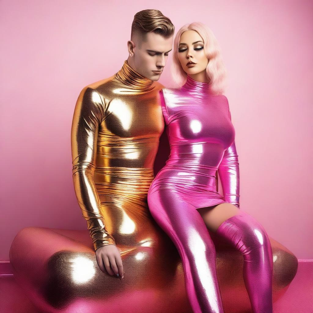 A woman wearing a golden mini skirt and a pink latex crop top, sitting on a man