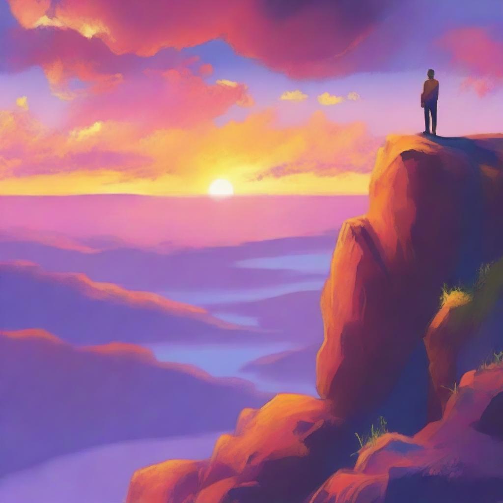 An inspirational scene depicting a person standing at the edge of a cliff, looking out over a beautiful sunrise, symbolizing the pursuit of one's life's purpose