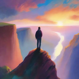 An inspirational scene depicting a person standing at the edge of a cliff, looking out over a beautiful sunrise, symbolizing the pursuit of one's life's purpose