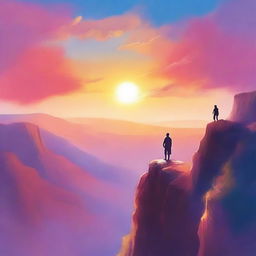 An inspirational scene depicting a person standing at the edge of a cliff, looking out over a beautiful sunrise, symbolizing the pursuit of one's life's purpose