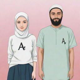 Anime-style depiction of a white woman in a hijab standing next to her husband. Both are wearing shirts with the letter 'A' prominently displayed on them