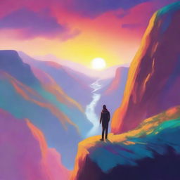 An inspirational scene depicting a person standing at the edge of a cliff, looking out over a beautiful sunrise, symbolizing the pursuit of one's life's purpose