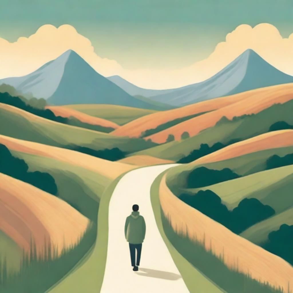 A thought-provoking scene showing a person walking down a long, winding road that stretches into the horizon