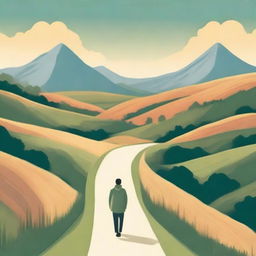 A thought-provoking scene showing a person walking down a long, winding road that stretches into the horizon