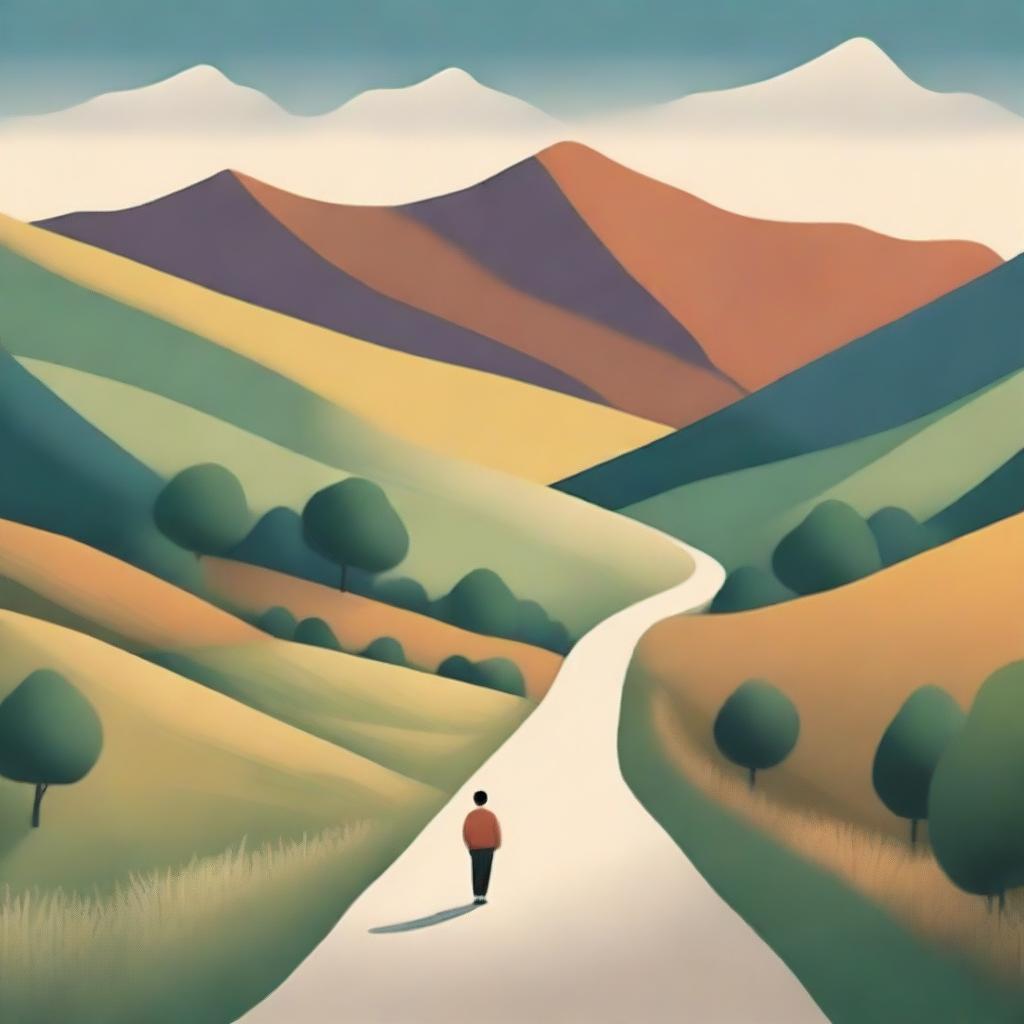 A thought-provoking scene showing a person walking down a long, winding road that stretches into the horizon