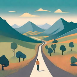 A thought-provoking scene showing a person walking down a long, winding road that stretches into the horizon