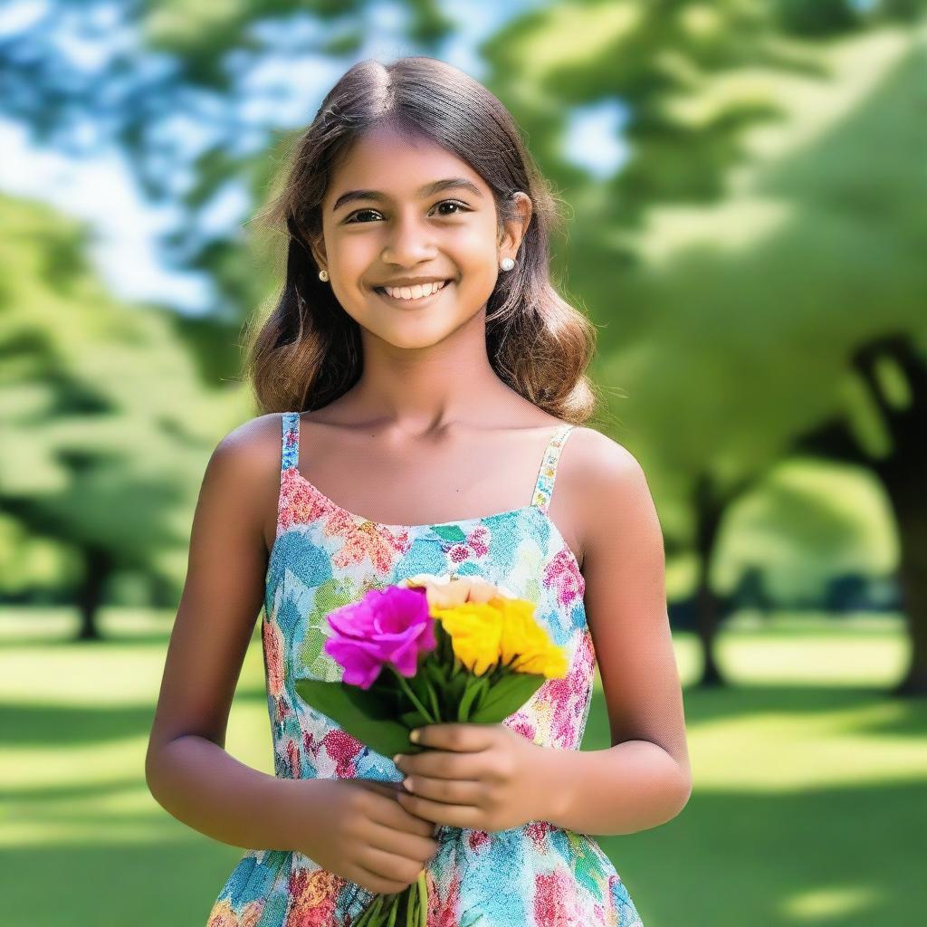 A young girl standing in a beautiful park, smiling brightly