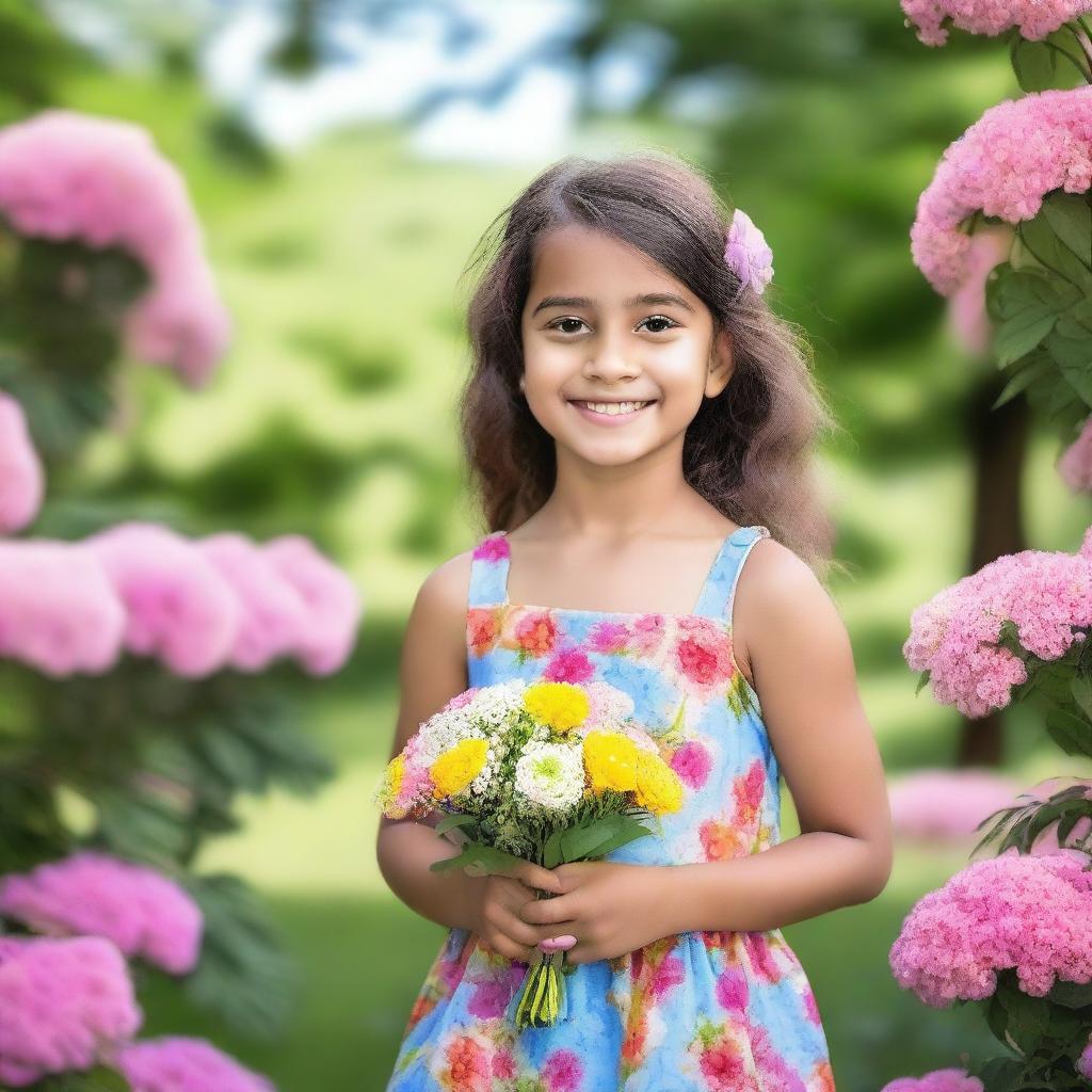 A young girl standing in a beautiful park, smiling brightly