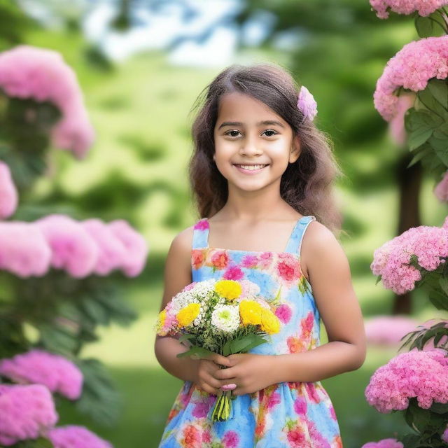 A young girl standing in a beautiful park, smiling brightly