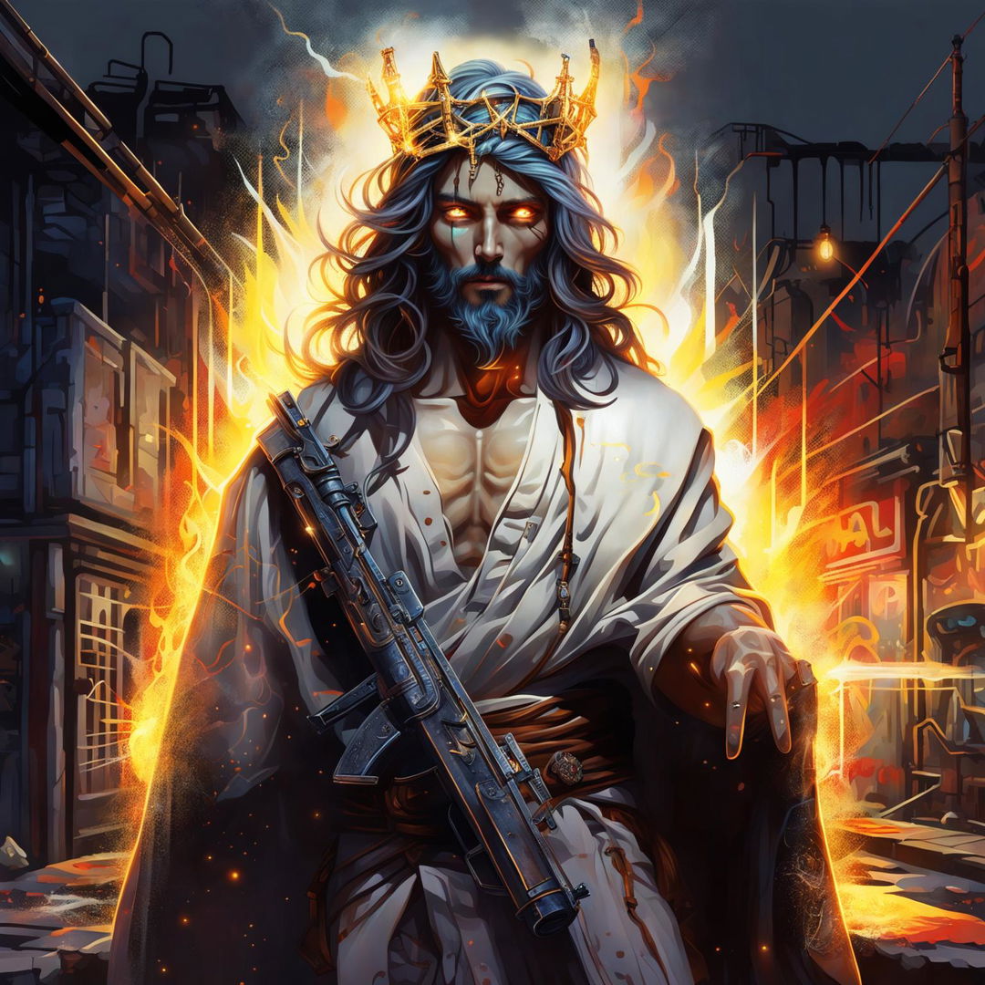 Hyperrealistic digital art of Ghostpunk Jesus, a spectral figure in ancient attire and a crown of thorns, in a grungy cityscape at night. He has a devilish grin and holds a Desert Eagle made of ethereal fire and rusted iron.