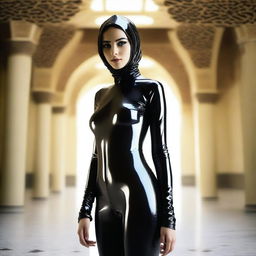 A young Arab girl wearing a latex suit, depicted in a tasteful and artistic manner