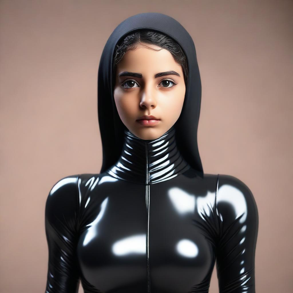 A young Arab girl wearing a latex suit, standing confidently with a determined expression