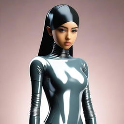 A young Arab girl wearing a latex suit, standing confidently with a determined expression