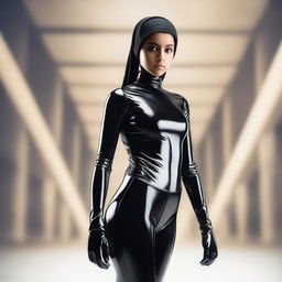 A young Arab girl wearing a latex suit, standing confidently with a determined expression