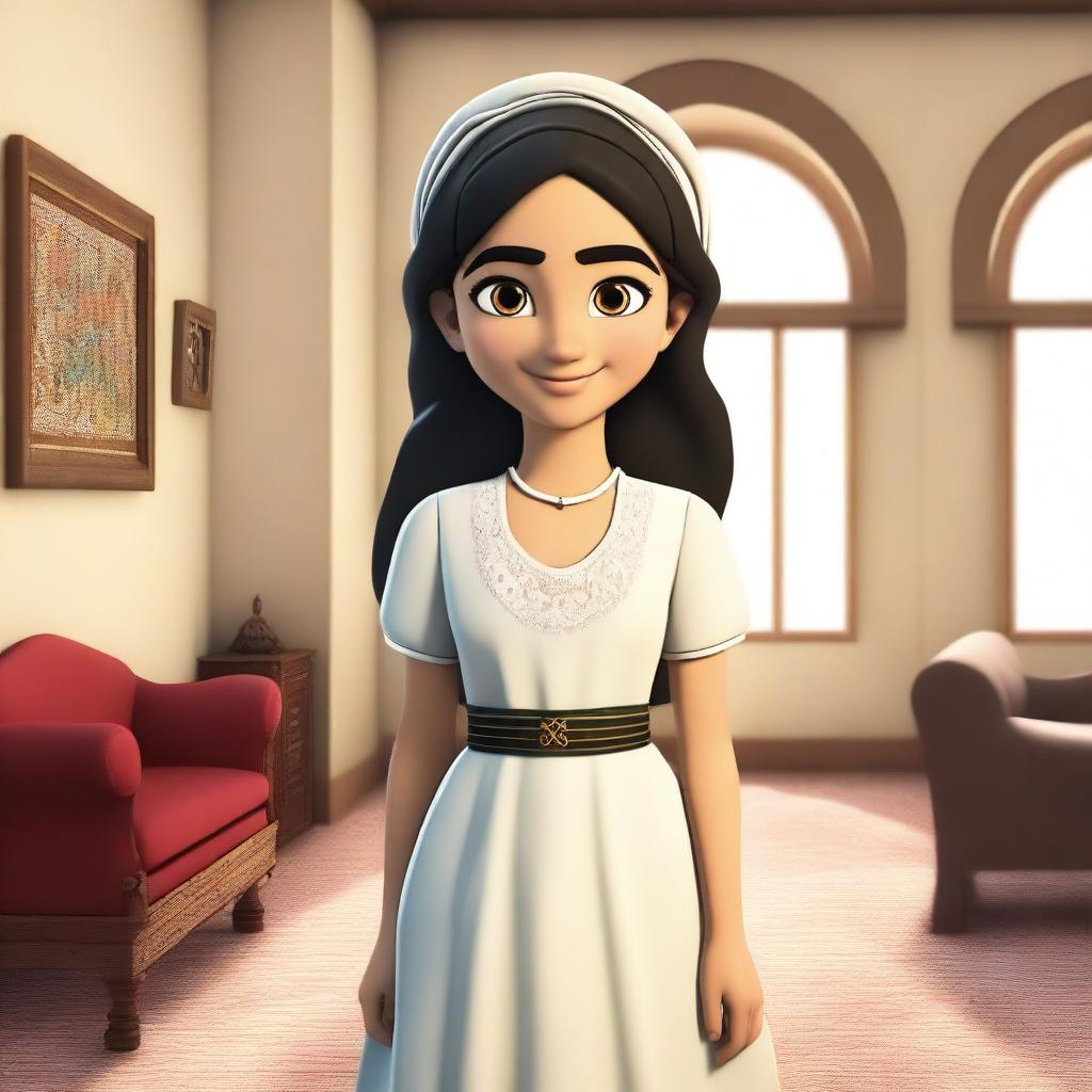 A young Arab girl wearing a traditional maid outfit, standing with a gentle smile