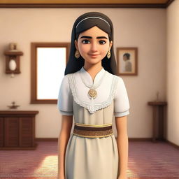 A young Arab girl wearing a traditional maid outfit, standing with a gentle smile