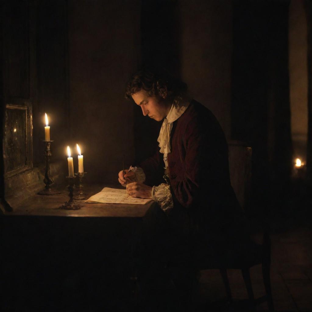 A 17th century setting featuring a young man reading handwritten notes by candlelight, sitting in front of a window during nighttime.