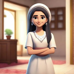 A young Arab girl wearing a traditional maid outfit, standing with a gentle smile