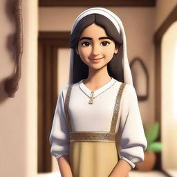 A young Arab girl wearing a traditional maid outfit, standing with a gentle smile