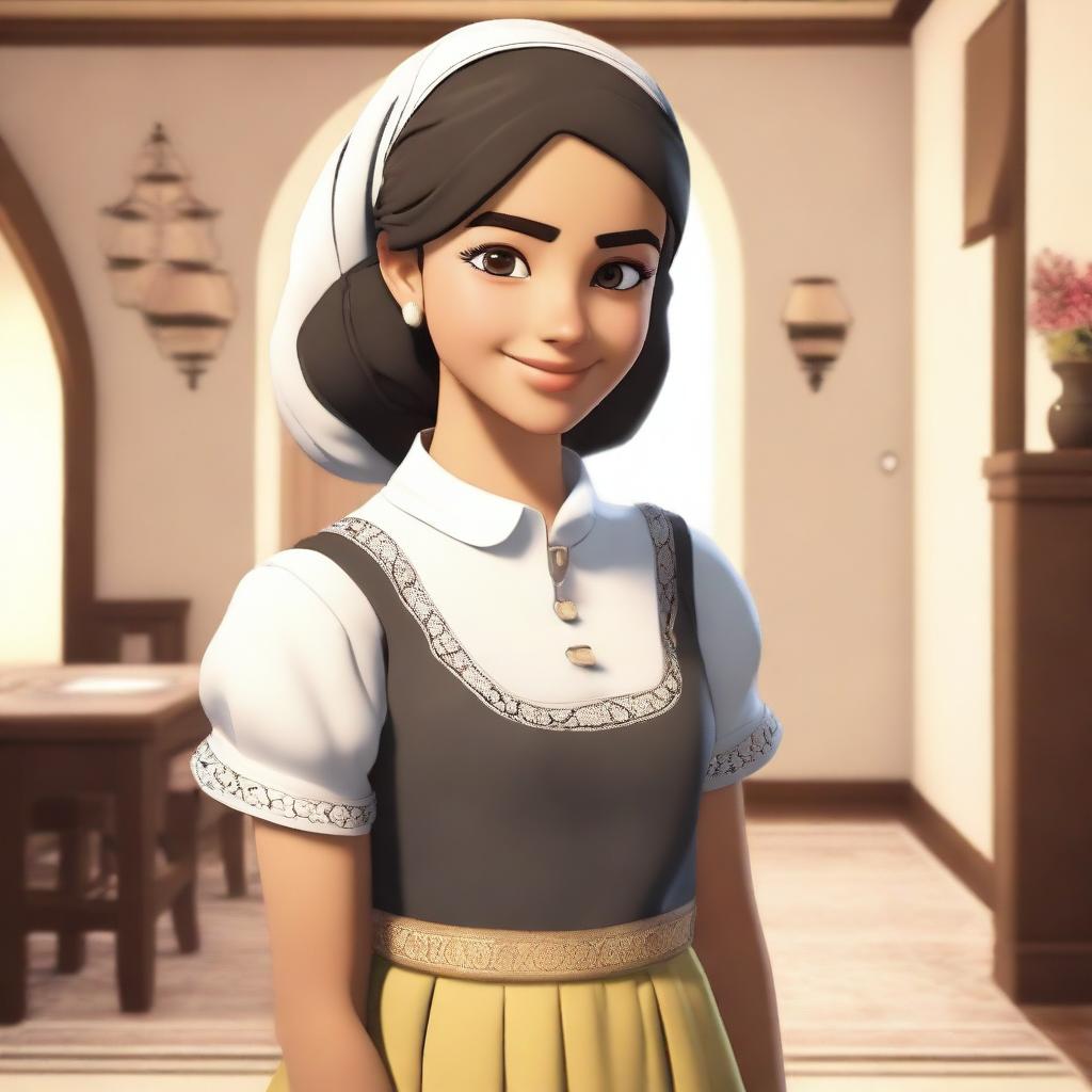 A young Arab girl wearing a traditional maid outfit, standing with a gentle smile