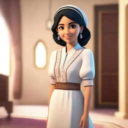 A young Arab girl wearing a traditional maid outfit, standing with a gentle smile