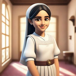 A young Arab girl wearing a traditional maid outfit, standing with a gentle smile