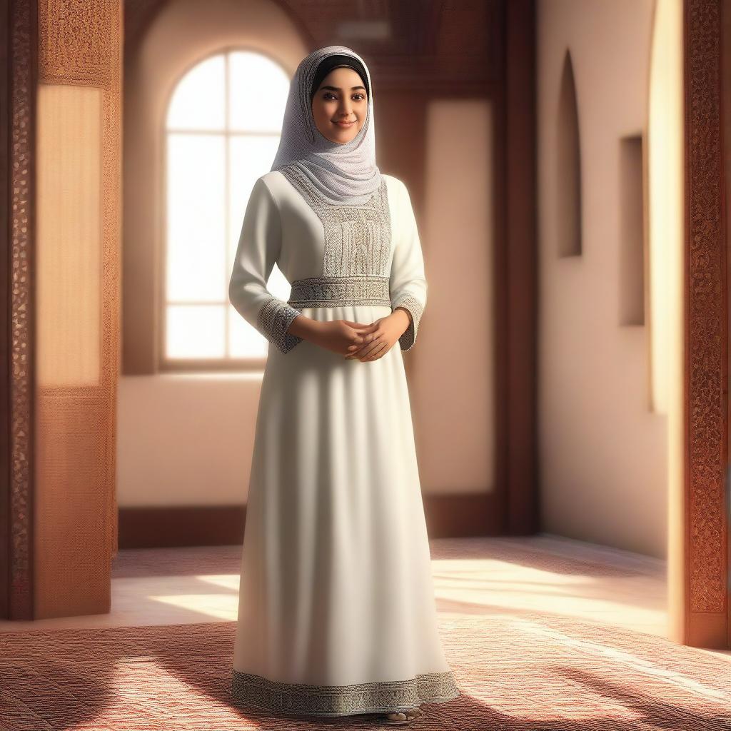 A realistic depiction of an Arab girl wearing a traditional maid outfit