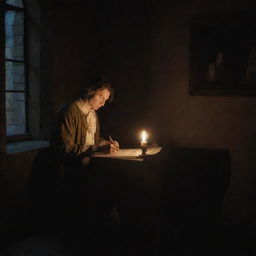 A 17th century setting featuring a young man reading handwritten notes by candlelight, sitting in front of a window during nighttime.