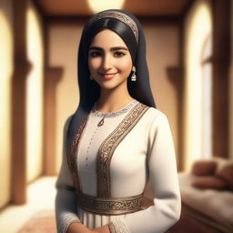 A realistic depiction of an Arab girl wearing a traditional maid outfit