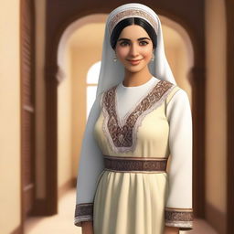 A realistic depiction of an Arab girl wearing a traditional maid outfit