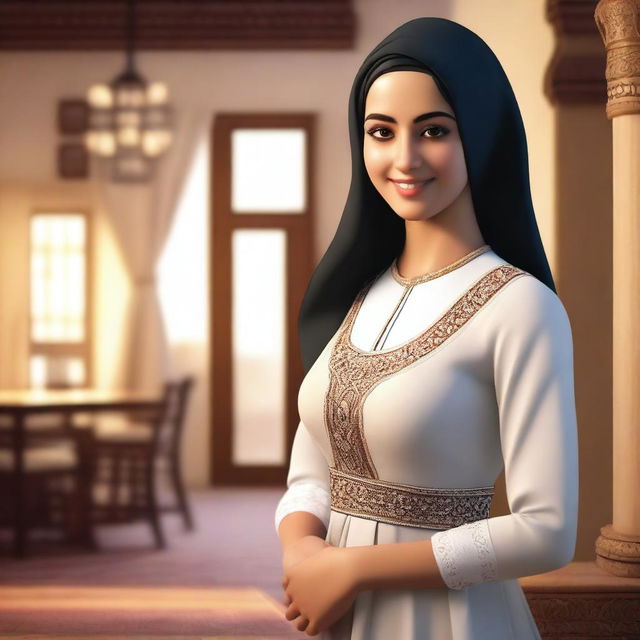 A realistic depiction of an Arab girl wearing a traditional maid outfit