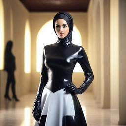 A realistic depiction of an Arab woman wearing a latex maid outfit