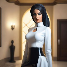 A realistic depiction of an Arab woman wearing a latex maid outfit