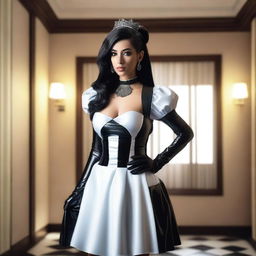 A realistic depiction of an Arab woman wearing a latex French maid outfit